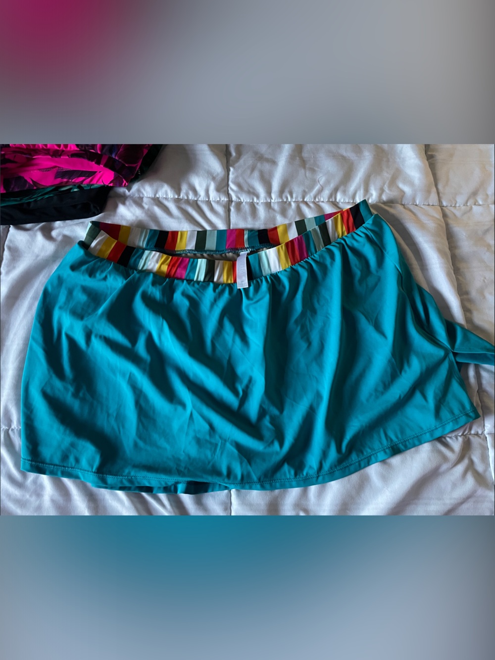 Women's Turquoise Swim Skirt with Multicolor Stripe Waistband